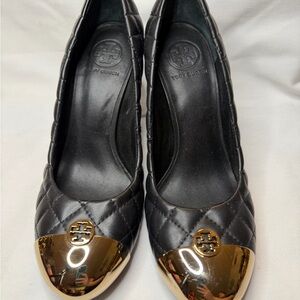 Tory Burch Black Quilted Flats with Gold Accents